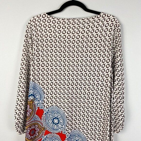 Chicos Printed Ruched-Sleeve Dress Womens 2 US 12 L Floral Ikat Jewel Neckline - Picture 8 of 10